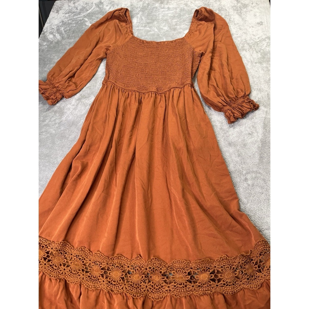 ZESICA Orange Smocked Ruffle Maxi Dress Puff Sleeve Square Neck Size L Lace Trim